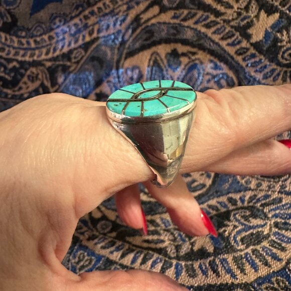 Turquoise and Obsidian Sterling Silver Ring - Picture 3 of 4
